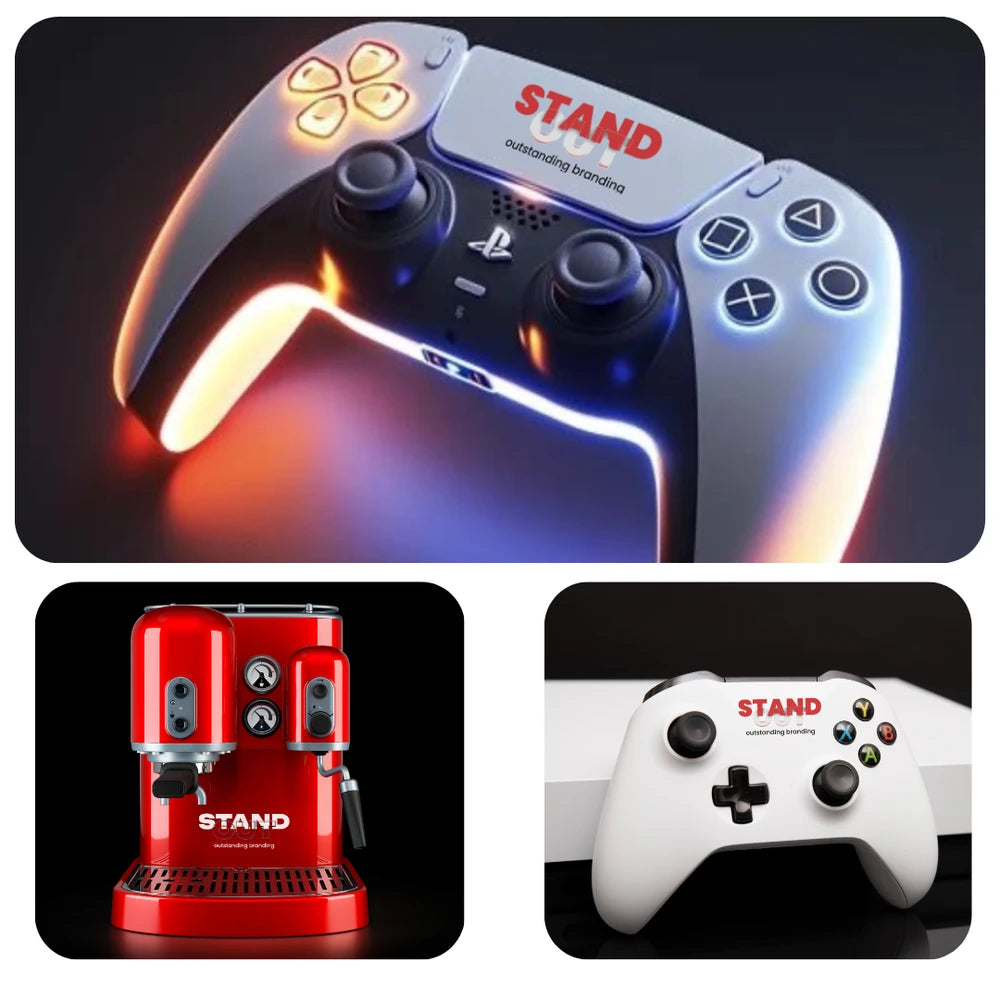 Brendirani gejmerski džojstici i aparat za kafu sa logotipom StandOut