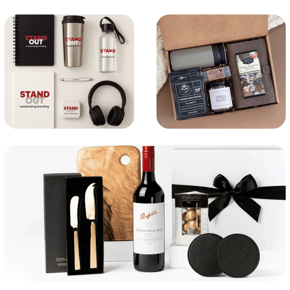 Korporativni gift box paketi sa vinom, čokoladom i luksuznim setom za rezanje i promotivni setovi hemiske, bočice, slušalice